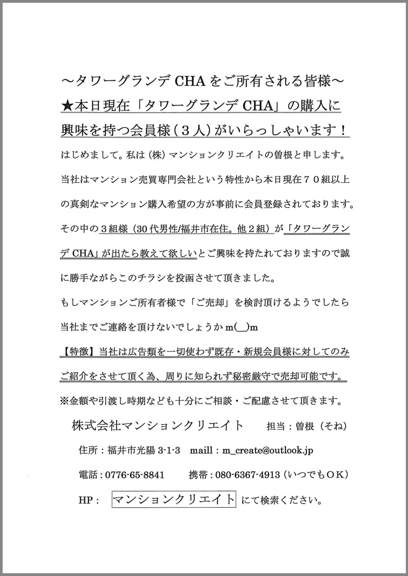 タワーグランデCHA（２LDK）のポスティングチラシ